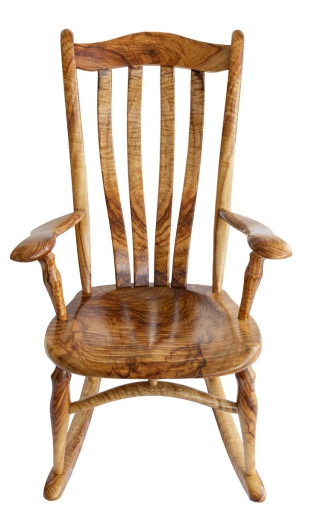 Handcrafted Camphor Laurel timber rocking chair displaying rich natural grain by West End Rockers.